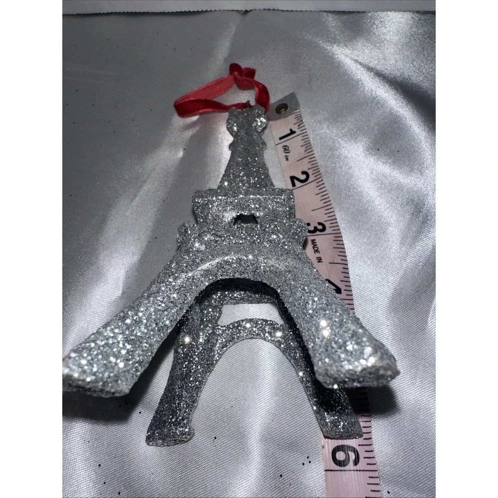 Silver Glitter Eiffel Tower Christmas Ornament Paris France Red Velvet Ribbon